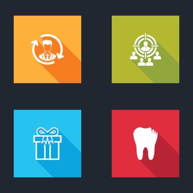 İnsan kaynakları, pazarlama hedef stratejisi, hediye kutusu ve kırık diş ikonu. Vektör.