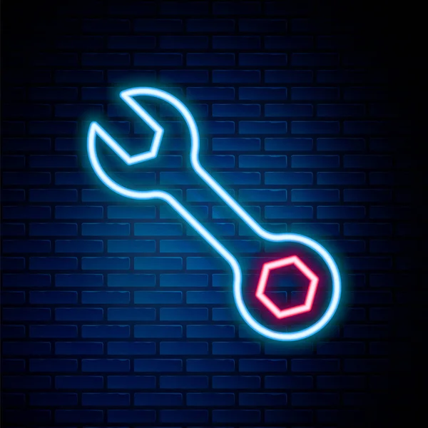 Zářící Neonová Čára Klíč Klíč Ikona Izolované Pozadí Cihlové Zdi — Stockový vektor