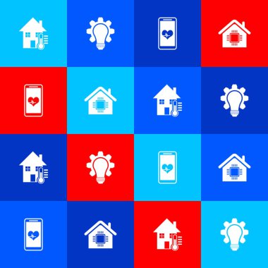 Ev sıcaklığını, ampul ve ekipmanı, kalp atış hızı ve Smart ev ikonu olan mobil sistemi ayarla. Vektör.