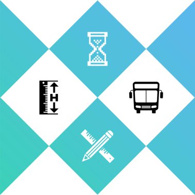 Ölçüm yüksekliği ve uzunluğunu, çapraz cetvel kalemini, kum saati pikselini ve otobüs simgesini ayarla. Vektör.