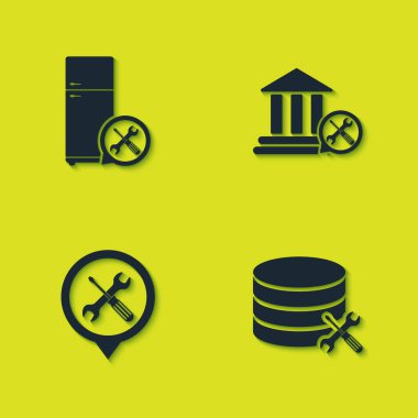 Buzdolabı servisini, Veritabanı sunucusunu, Konum ve Banka binası simgesini ayarla. Vektör.
