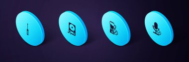 Isometric Mikrofon, Blender, Hard disk sürücüsü ve tornavida simgesini ayarla. Vektör.