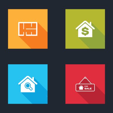 Ev planı, dolar, arama evi ve satış simgesi için asılma tabelası. Vektör.
