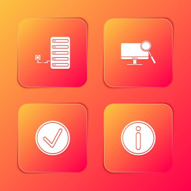 Sunucu, Bilgisayar monitörü teşhisi, daire ve bilgi simgesini işaretle. Vektör.