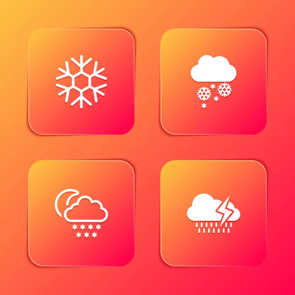 Stel Sneeuwvlok Wolk Met Sneeuw Maan Regen Bliksem Pictogram Vector — Stockvector