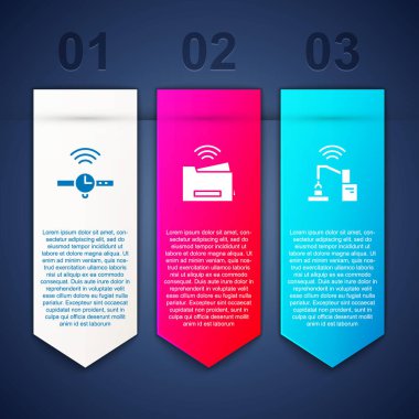 Smartwatch, yazıcı ve robot kol fabrikası ayarla. Ticari bilgi şablonu. Vektör.
