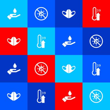 Ellerini sabunla yıka, virüsü durdur, tıbbi koruyucu maskeyi ve yüksek insan sıcaklığı ikonunu hazırla. Vektör