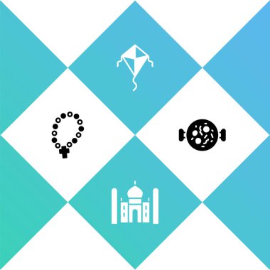 Tespih tespihi dini, Taj Mahal, Kite ve Chicken tikka masala ikonu. Vektör