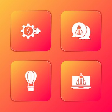 Gear 'ı dolarla ayarla, Startup projesi konsepti, sıcak hava balonu ve simgesi. Vektör