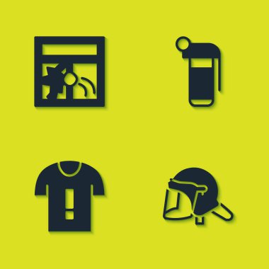 Kırık cam, polis kaskı, tişört protestosu ve el bombası ikonu. Vektör