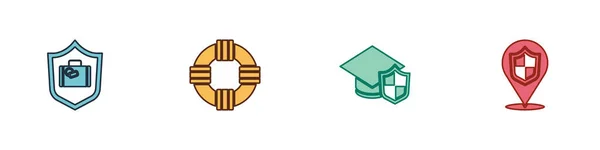 Set Reiskoffer met schild, Lifebuoy, Graduation cap en Location icon. Vector — Stockvector