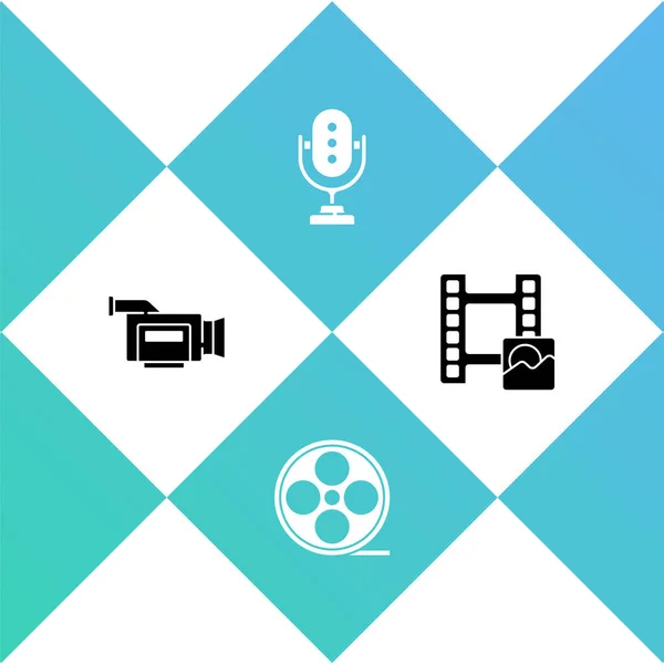 Ustaw kamerę kinową, szpulę filmową, mikrofon i ikonę odtwarzania wideo. Wektor — Wektor stockowy