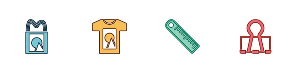 Papírzacskó, póló, Ruler és Binder klip ikon. Vektor — Stock Vector