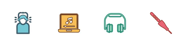 Set Man em fones de ouvido, Laptop com nota de música, Headphones e ícone de jack de áudio. Vetor — Vetor de Stock