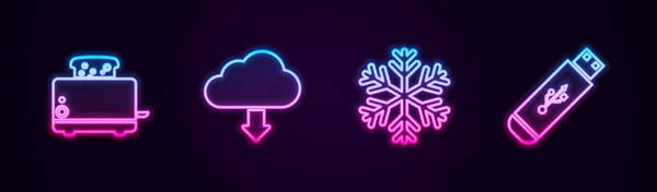 Set line Tostadora con brindis, descarga en la nube, copo de nieve y unidad flash USB. Icono de neón brillante. Vector — Archivo Imágenes Vectoriales