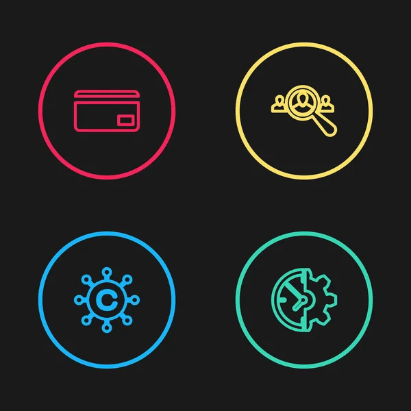 Définir la ligne de rédaction réseau, Horloge et équipement, Verre grossissant pour les personnes de recherche et icône de carte de crédit. Vecteur — Image vectorielle