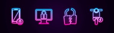 Hat Smartphone 'u kilitle, kilit monitörünü kilitle, kırılmış ve elektrikli scooter' ı ayarla. Parlayan neon ikonu. Vektör