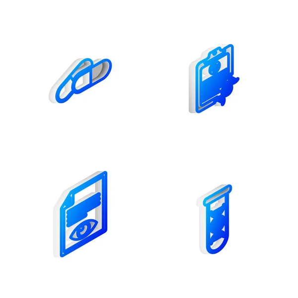 Set Isometrische Linie Zwischenablage mit DNA-Analyse, Medikamentenpille oder Tablette, Papierseite Auge und Forschung, Suchsymbol. Vektor — Stockvektor