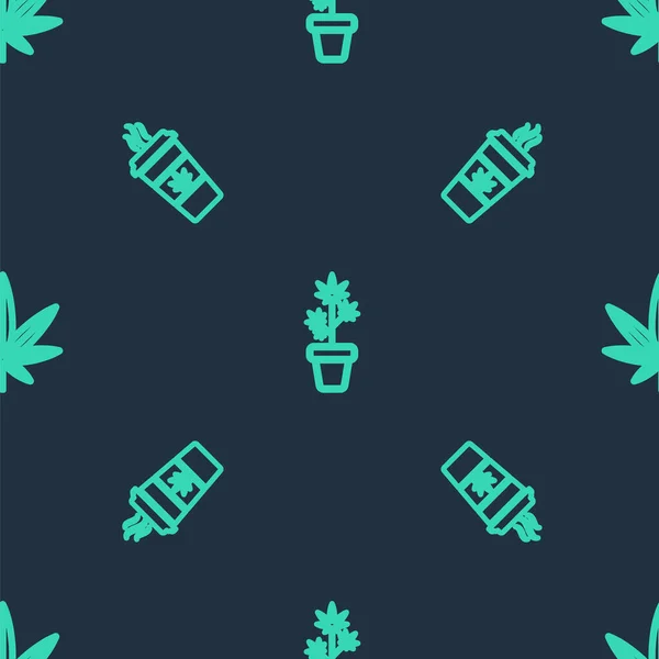 Fixez la ligne Plante de marijuana en pot, tasse de café avec de la marijuana et ou de la feuille de cannabis sur un motif sans couture. Vecteur — Image vectorielle