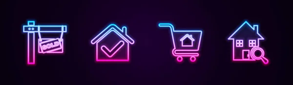 Imposta linea Segno sospeso con Venduto, Casetta segno di spunta, Shopping cart house e Ricerca. Icona luminosa al neon. Vettore — Vettoriale Stock