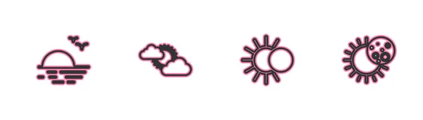 Definir linha Pôr do sol, Eclipse of the sun, e clima e ícone de nuvem. Vetor —  Vetores de Stock