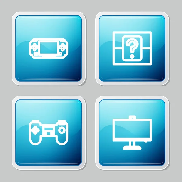 Définir la console de jeu vidéo portable, Mystère boîte aléatoire, Gamepad et icône moniteur d'ordinateur. Vecteur — Image vectorielle