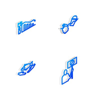 Isometric hattı sorun kirliliği, ekoloji bilgisi, balık bakımı ve doğa kurtarma protesto ikonu ayarla. Vektör