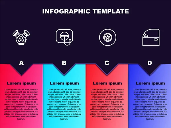 Ustaw linię Silnik samochodowy, Korek wlewu oleju na stacji benzynowej, tarcza hamulcowa i drzwi. Szablon infograficzny biznesu. Wektor — Wektor stockowy