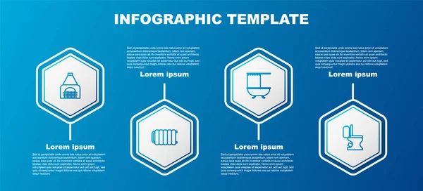 Definir linha Lareira interior, radiador de aquecimento, banheira com cortina de chuveiro e vaso sanitário. Modelo de infográfico de negócios. Vetor — Vetor de Stock