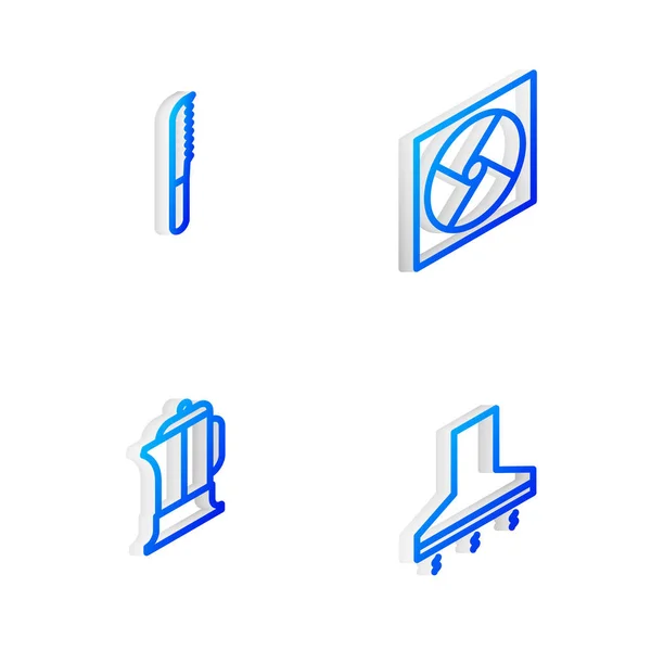 Set Isometrische Linie Belüftung, Brotmesser, französische Presse und Küchenauszug Fan-Symbol. Vektor — Stockvektor