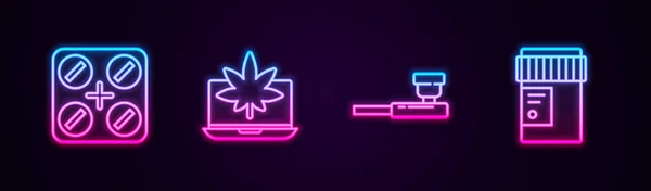 Set line Pastillas médicas con marihuana, Laptop y / o cannabis, pipa de fumar y botella. Icono de neón brillante. Vector — Vector de stock