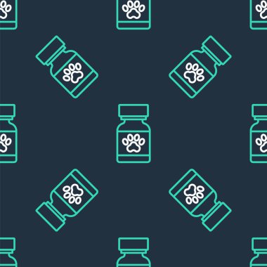 Hat ilacı şişesi ve hap ikonu siyah arka planda izole edilmiş. İçinde haplar olan konteynır. Hayvan için reçeteli ilaç. Vektör