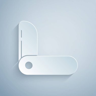 Kağıt kesiği İsviçre ordu bıçak ikonu gri arka planda izole. Çoklu alet, çok amaçlı çakı. Çok fonksiyonlu bir alet. Kağıt sanatı tarzı. Vektör İllüstrasyonu.