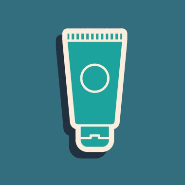 Yeşil krem ya da losyon kozmetik tüp ikonu yeşil arka planda izole edilmiş. Erkekler için vücut bakım ürünleri. Uzun gölge tarzı. Vektör İllüstrasyonu.