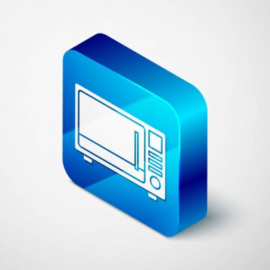Isometric mikrodalga fırın ikonu gri arka planda izole edildi. Ev aletleri simgesi. Mavi kare düğme. Vektör İllüstrasyonu.