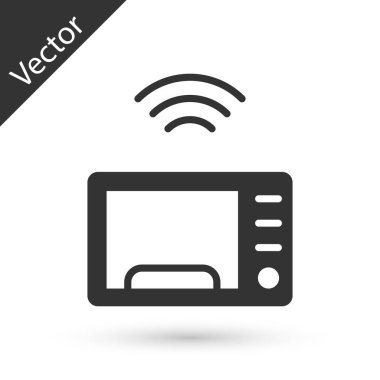 Gri Akıllı Mikrodalga fırın sistemi simgesi beyaz arkaplanda izole edildi. Ev aletleri simgesi. İnternet kavramının kablosuz bağlantısı. Vektör.
