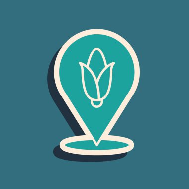 Yeşil konum mısır ikonu yeşil arkaplanda izole edildi. Uzun gölge tarzı. Vektör.