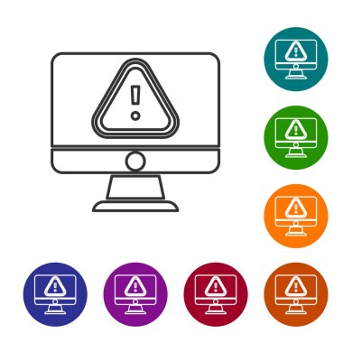 Beyaz zemin üzerinde ünlem işareti simgesi olan siyah çizgi bilgisayar monitörü. Uyarı mesajı akıllı telefon uyarısı. Simgeleri renk daire düğmelerine ayarla. Vektör.