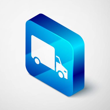 Isometric Teslimat Kargo Aracı simgesi gri arka planda izole edildi. Mavi kare düğme. Vektör.