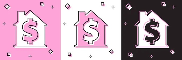 设置房屋与美元符号图标孤立的粉红色和白色 黑色背景 家里和钱 房地产概念 — 图库矢量图片