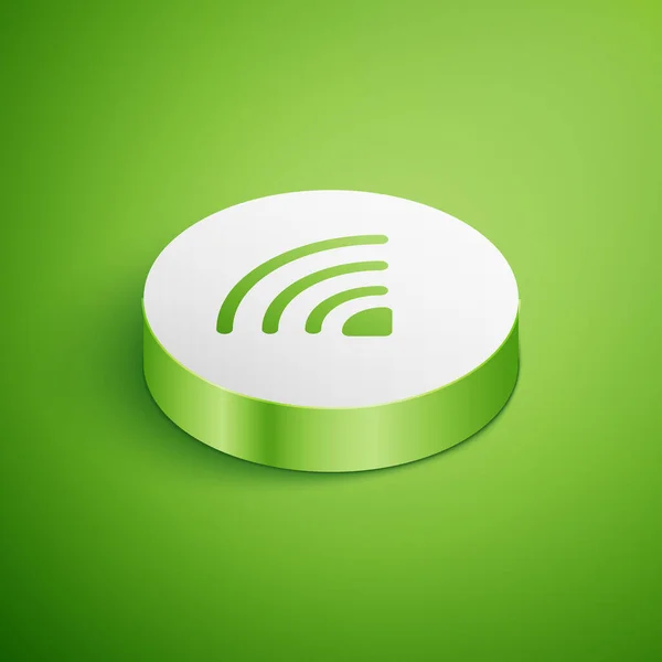 緑の背景に隔離されたアイソメトリックWi Fiワイヤレスインターネットネットワークシンボルアイコン 白い丸ボタン ベクトル — ストックベクタ
