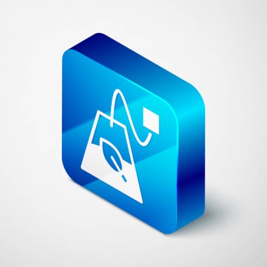 Isome çay poşeti simgesi gri arkaplanda izole edildi. Mavi kare düğme. Vektör.