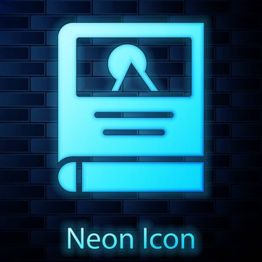 Parlayan neon fotoğraf albümü galerisi simgesi tuğla duvar arka planında izole edildi. Vektör.