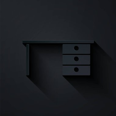 Kağıt kesiği ofis masa simgesi siyah arkaplanda izole edildi. Kağıt sanatı tarzı. Vektör.