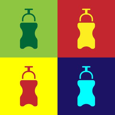 Renkli arka planda su ikonu olan Pop Art Sport şişesi. Vektör.