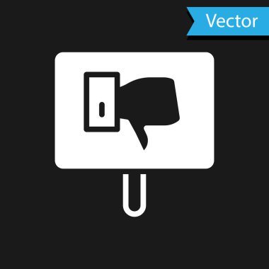 Siyah arkaplanda beyaz protesto simgesi izole edildi. Toplantı, protestocu, grev, konuşma, pankart, protesto pankartı, dilekçe, lider, broşür. Vektör.