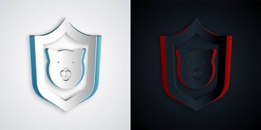 Kağıt kesiği Shield. Gri ve siyah arka planda domuz ikonu var. Hayvan sembolü. Kağıt sanatı tarzı. Vektör