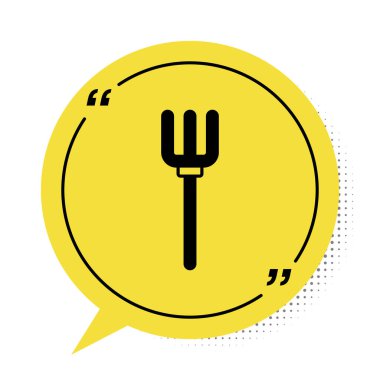 Siyah Bahçe yabası simgesi beyaz arkaplanda izole edilmiş. Bahçe çatalı işareti. Bahçecilik, tarım, çiftçilik aleti. Sarı konuşma balonu sembolü. Vektör