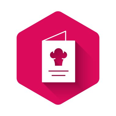 Beyaz Yemek Kitabı simgesi uzun gölge arkaplan izole. Yemek kitabı ikonu. Yemek tarifi kitabı. Çatal ve bıçak ikonları. Çatal bıçak sembolü. Pembe altıgen düğmesi. Vektör