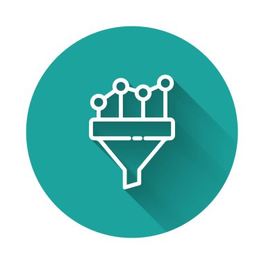 Beyaz çizgili satış hunisi, pazarlama için grafikle birlikte uzun gölgeli ve izole edilmiş iş simgesi. Bilgi şablonu. Yeşil daire düğmesi. Vektör İllüstrasyonu.